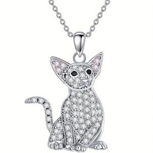 Siamese Breed Cat Lovers Pets Animals Rhodium Plate Sterling Silver CZ Necklace